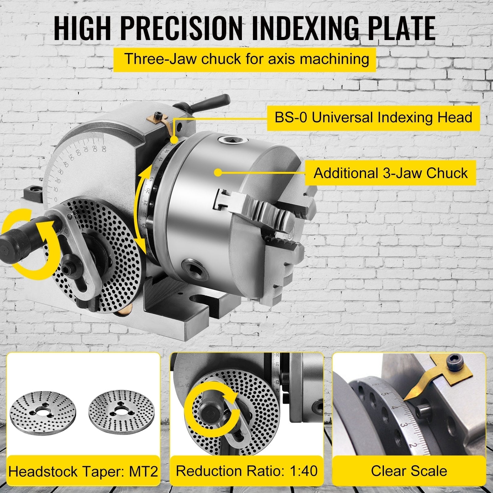 VEVOR Dividing Head BS-0 5Inch 3 Jaw Chuck Dividing Head Set Precision Semi Universal Dividing Head for Milling Machine Rotary Table Tailstock Milling Set (5 Inch Chuck)