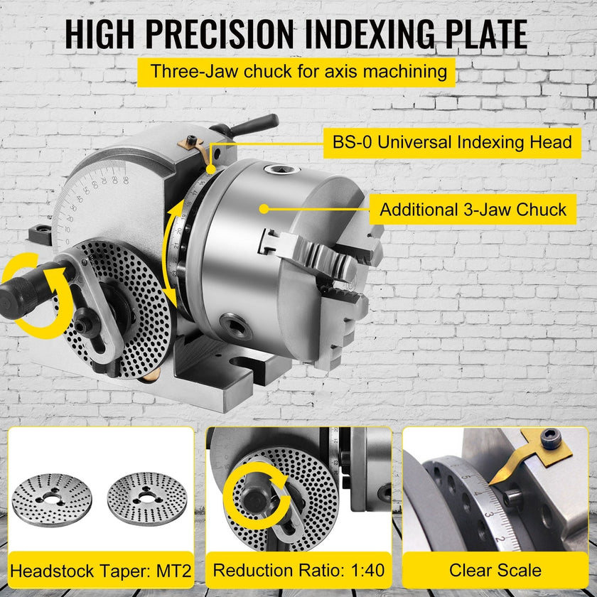 VEVOR Dividing Head BS-0 5Inch 3 Jaw Chuck Dividing Head Set Precision Semi Universal Dividing Head for Milling Machine Rotary Table Tailstock Milling Set (5 Inch Chuck)