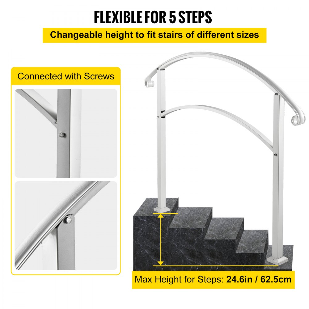 VEVOR Handrails for Outdoor Steps, Fit 1 or 5 Steps Outdoor Stair Railing, White Wrought Iron Handrail, Flexible Front Porch Hand Rail, Transitional Handrails for Concrete Steps or Wooden Stairs