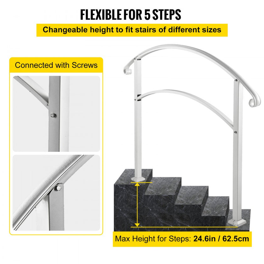 VEVOR Handrails for Outdoor Steps, Fit 1 or 5 Steps Outdoor Stair Railing, White Wrought Iron Handrail, Flexible Front Porch Hand Rail, Transitional Handrails for Concrete Steps or Wooden Stairs