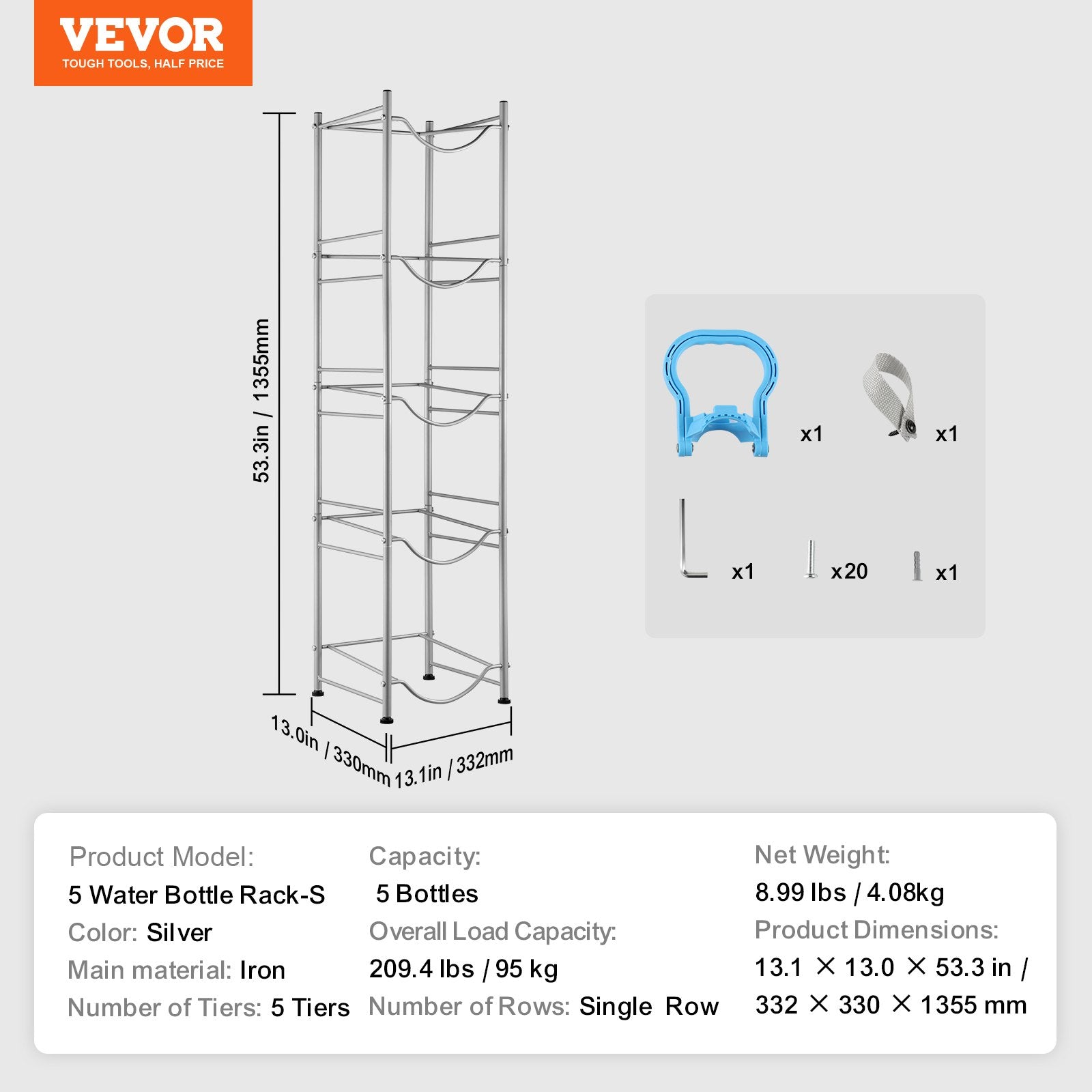 VEVOR 5 Tiers Water Jug Holder Single Row Water Bottle Rack for 5 Bottles Silver