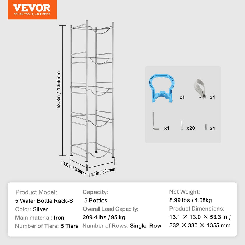 VEVOR 5 Tiers Water Jug Holder Single Row Water Bottle Rack for 5 Bottles Silver