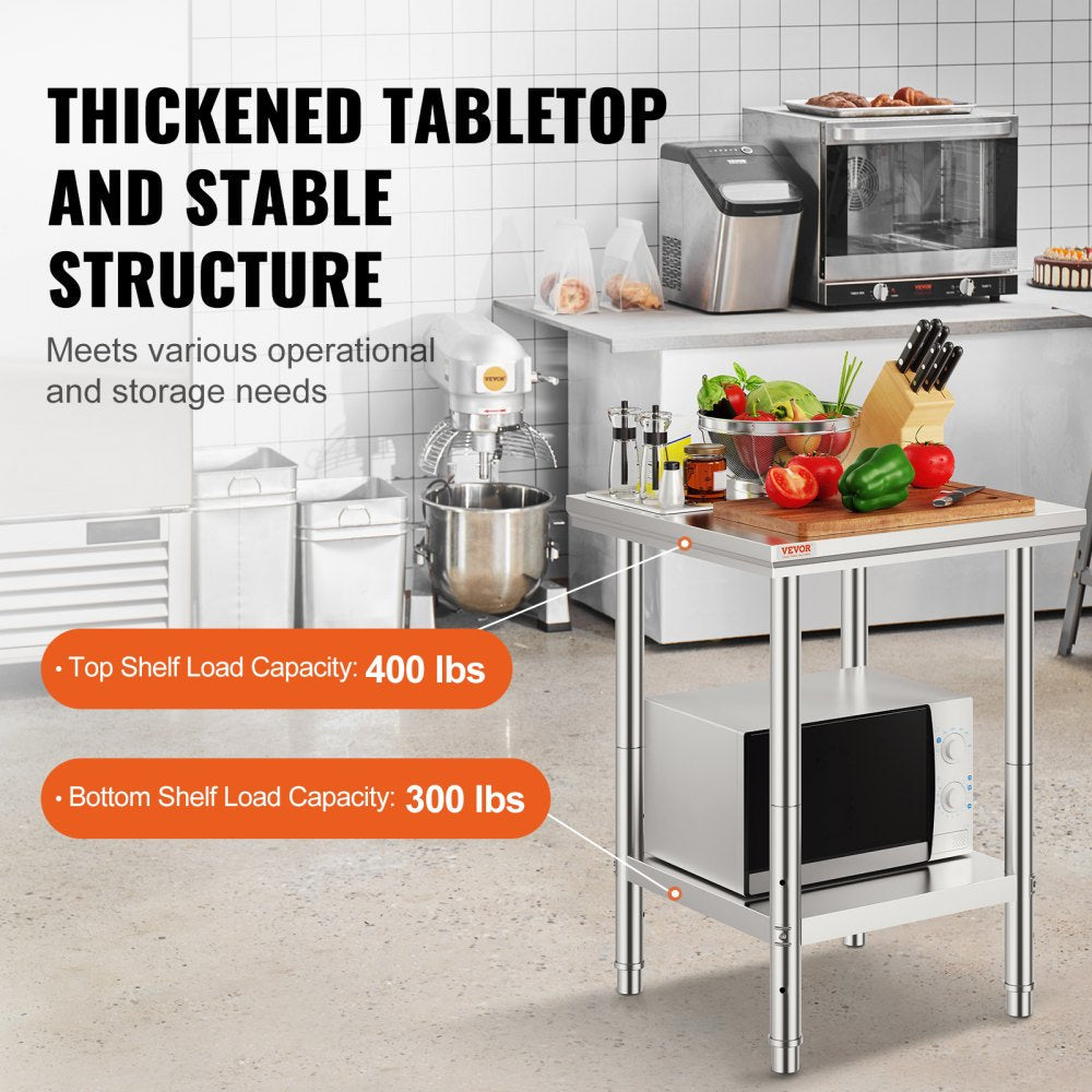 VEVOR Stainless Steel Work Table 24 x 24 x 32 Inch Commercial Kitchen Prep & Work Table Heavy Duty Prep Worktable Metal Work Table with Adjustable Feet for Restaurant, Home and Hotel