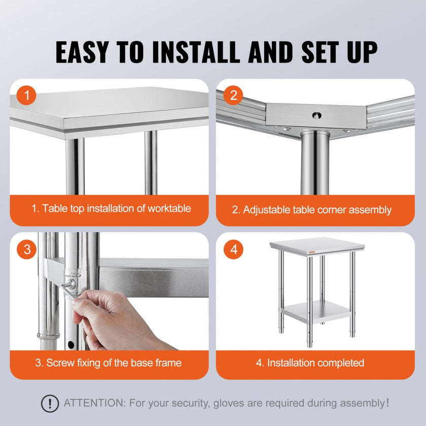 VEVOR Stainless Steel Work Table 24 x 24 x 32 Inch Commercial Kitchen Prep & Work Table Heavy Duty Prep Worktable Metal Work Table with Adjustable Feet for Restaurant, Home and Hotel