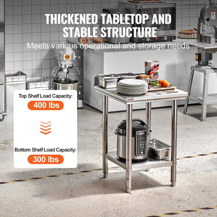 VEVOR Stainless Steel Work Table 24 x 24 x 34 Inch Commercial Food Prep Worktable Heavy Duty Prep Worktable Metal Work Table with Adjustable Feet for Restaurant, Home and Hotel