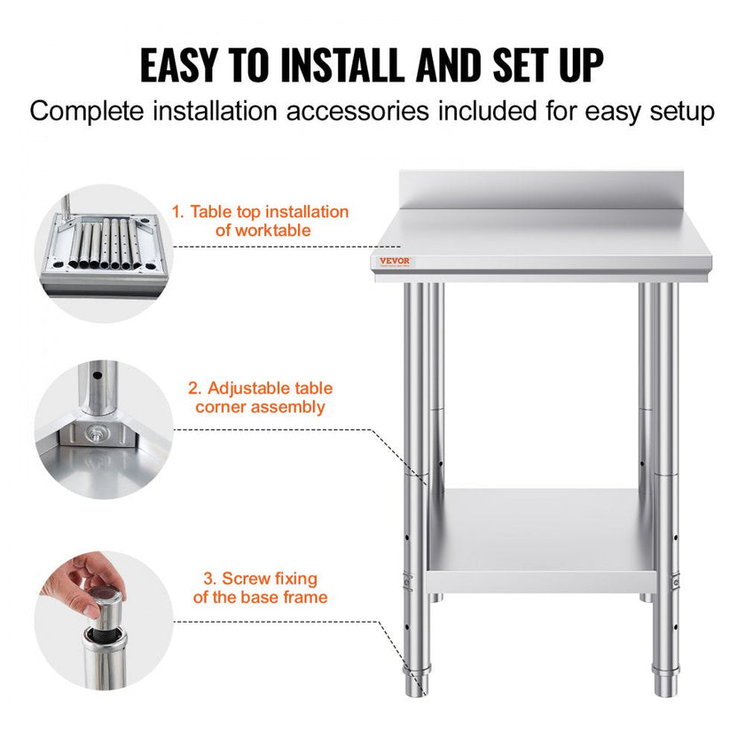 VEVOR Stainless Steel Work Table 24 x 24 x 34 Inch Commercial Food Prep Worktable Heavy Duty Prep Worktable Metal Work Table with Adjustable Feet for Restaurant, Home and Hotel