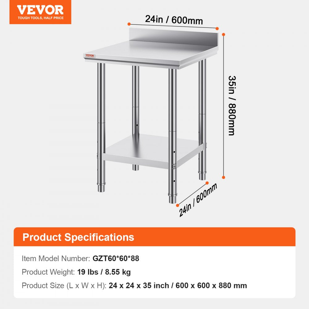 VEVOR Stainless Steel Work Table 24 x 24 x 34 Inch Commercial Food Prep Worktable Heavy Duty Prep Worktable Metal Work Table with Adjustable Feet for Restaurant, Home and Hotel