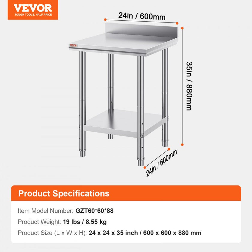 VEVOR Stainless Steel Work Table 24 x 24 x 34 Inch Commercial Food Prep Worktable Heavy Duty Prep Worktable Metal Work Table with Adjustable Feet for Restaurant, Home and Hotel