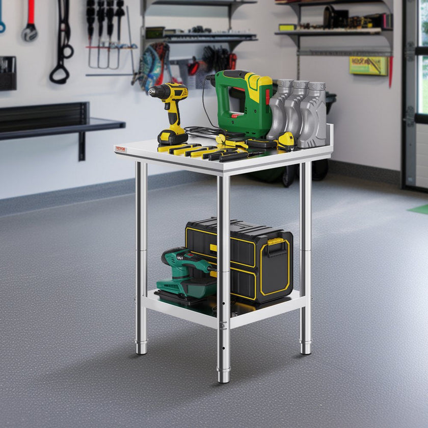 VEVOR Stainless Steel Work Table 24 x 24 x 34 Inch Commercial Food Prep Worktable Heavy Duty Prep Worktable Metal Work Table with Adjustable Feet for Restaurant, Home and Hotel