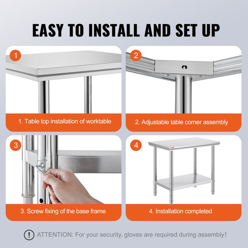 VEVOR Stainless Steel Work Table 24 x 36 x 32 Inch Commercial Kitchen Prep & Work Table Heavy Duty Prep Worktable Metal Work Table with Adjustable Feet for Restaurant, Home and Hotel