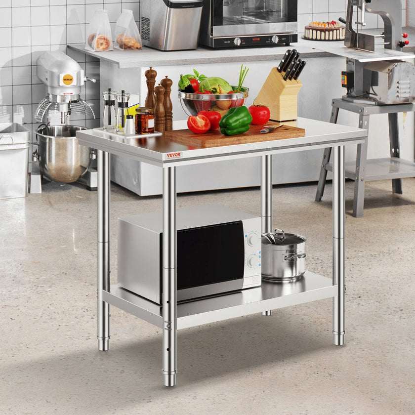 VEVOR Stainless Steel Work Table 24 x 36 x 32 Inch Commercial Kitchen Prep & Work Table Heavy Duty Prep Worktable Metal Work Table with Adjustable Feet for Restaurant, Home and Hotel