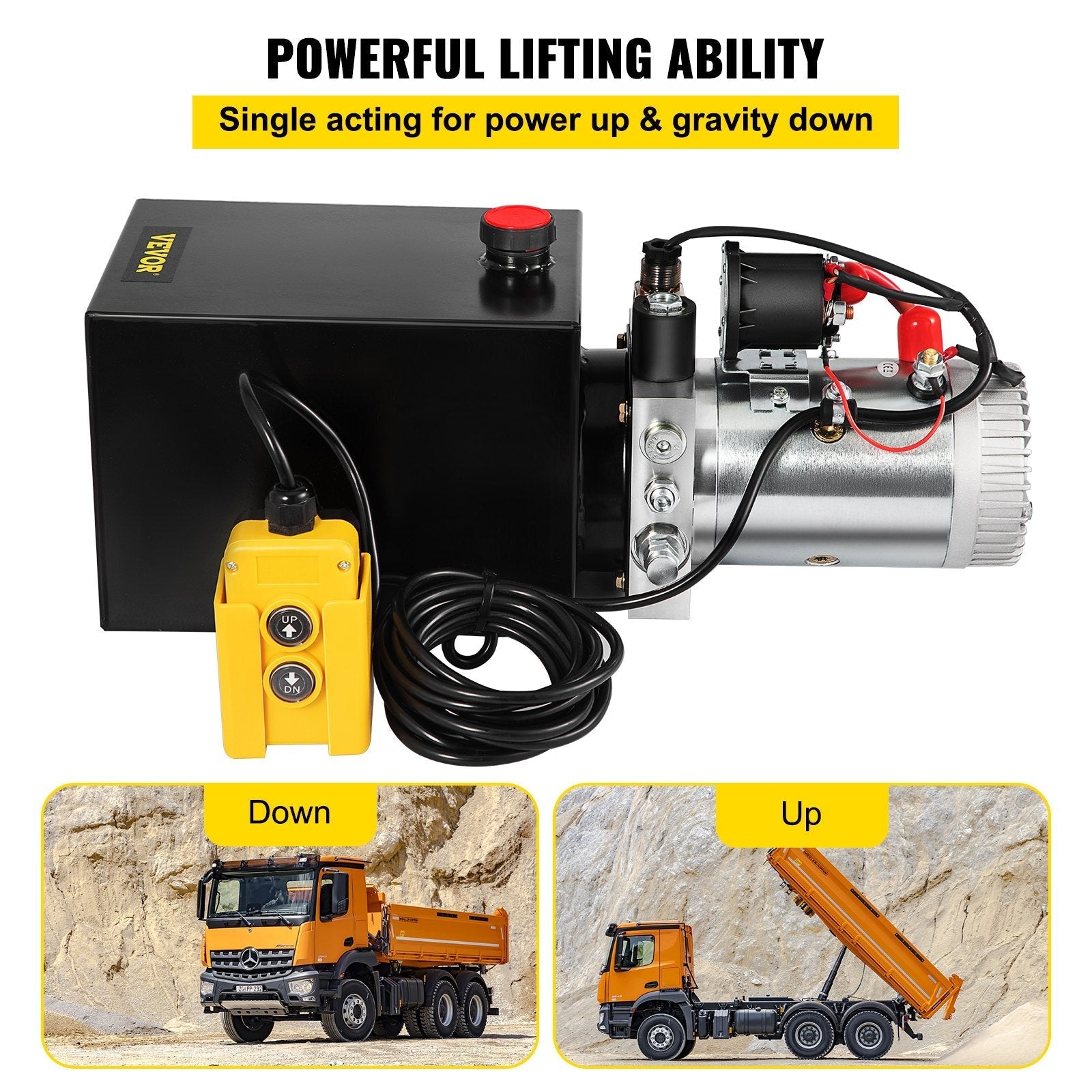 VEVOR 6 Quart Hydraulic Power Unit Steel Tank Hydraulic Pump Single Acting 3200 PSI Max 12V DC Power Unit for Dump Trailer Car Lifting