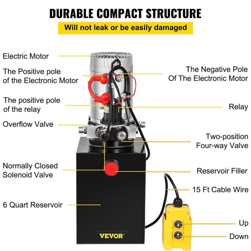 VEVOR 6 Quart Hydraulic Power Unit Steel Tank Hydraulic Pump Single Acting 3200 PSI Max 12V DC Power Unit for Dump Trailer Car Lifting