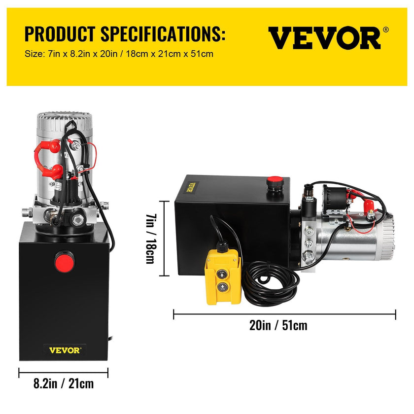 VEVOR 6 Quart Hydraulic Power Unit Steel Tank Hydraulic Pump Single Acting 3200 PSI Max 12V DC Power Unit for Dump Trailer Car Lifting