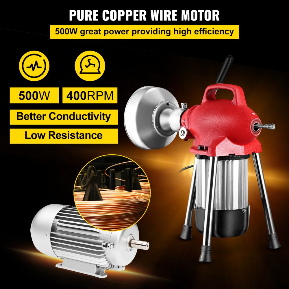 VEVOR Drain Cleaner Machine, 500W 3 Cables, Electric Drain Auger for 3/4\