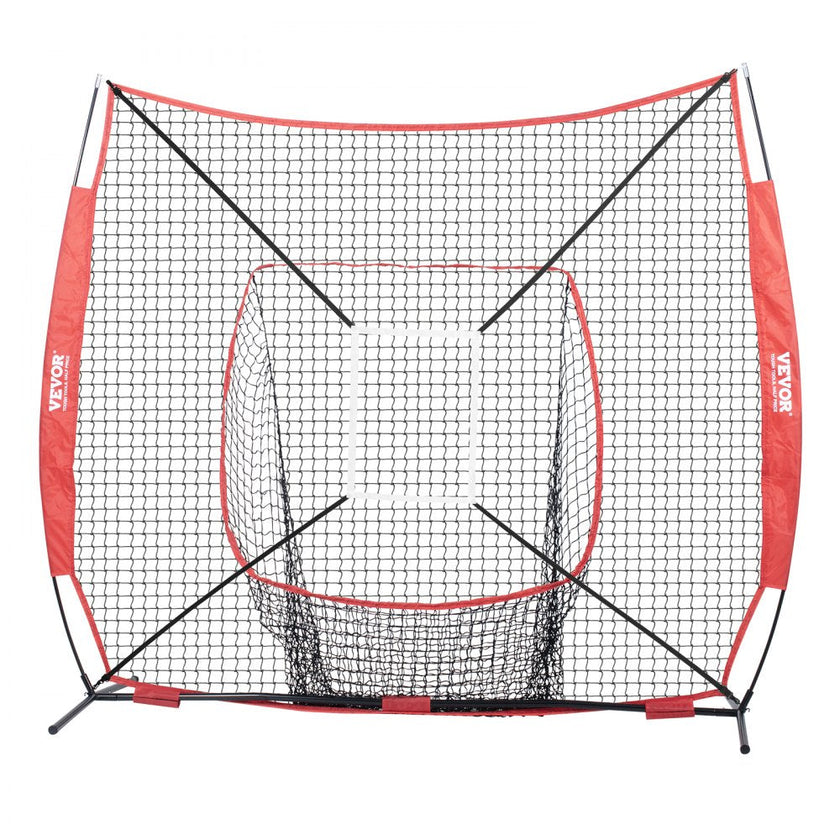 VEVOR 7x7 ft Baseball Softball Practice Net, Portable Baseball Training Net for Hitting Batting Catching Pitching, Backstop Baseball Equipment with Bow Frame, Carry Bag, Strike Zone, Ball, Batting Tee