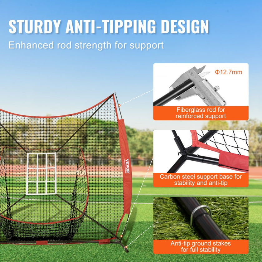 VEVOR 7x7 ft Baseball Softball Practice Net, Portable Baseball Training Net for Hitting Catching Pitching, Backstop Equipment with Bow Frame, Carry Bag, Strike Zone, 12 Balls, Tee, and Ball Collector