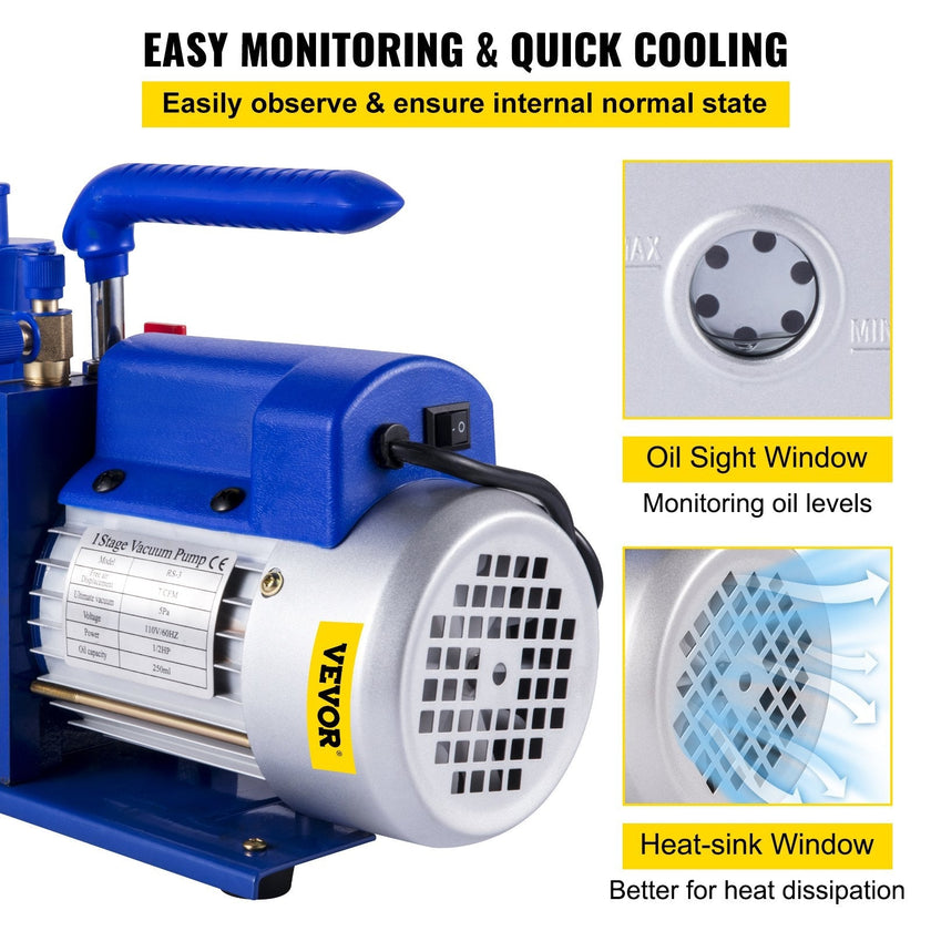 VEVOR Vacuum Pump 7 CFM 1/2 HP 1 Stage Ultimate Vacuum Refrigerant HVAC Air Tool 110V 5PA Air Conditioning Pump for Automobile Reparation Vacuum Evacuation