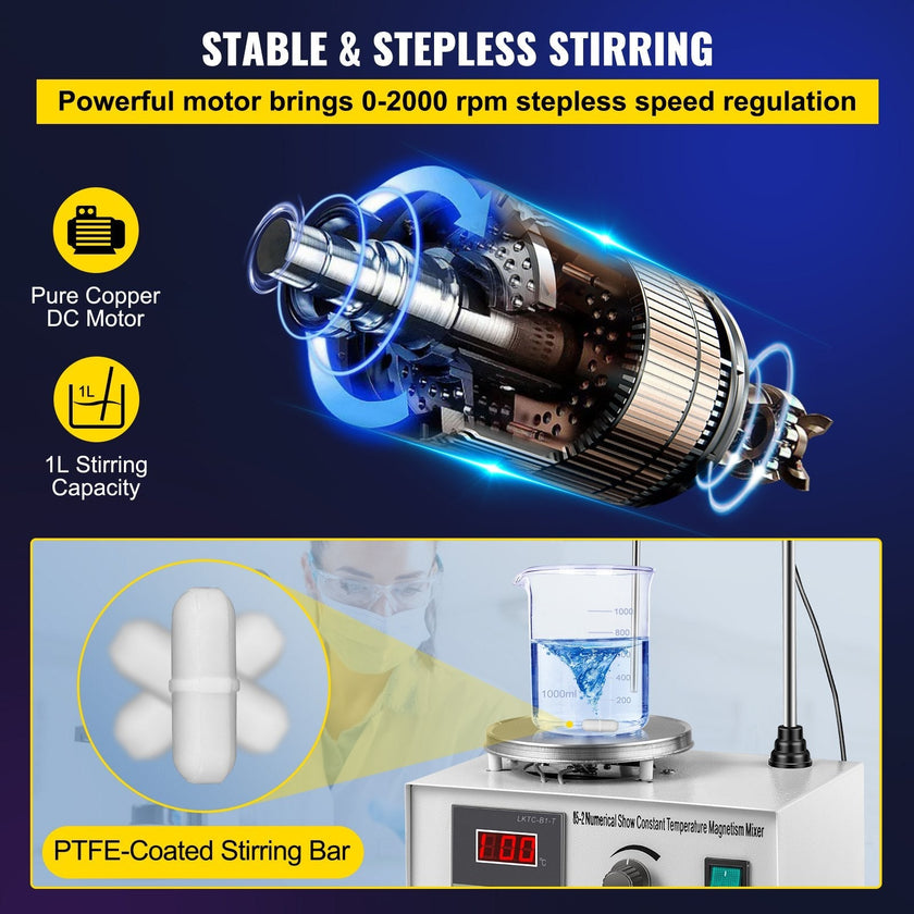 VEVOR 85-2 Magnetic Mixer Hotplate 1000ml Magnetic Heating Plate Magnetic Stirrer with Hotplate 110V Magnetic Stirring Mixer