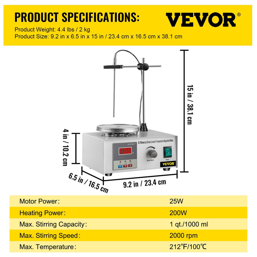 VEVOR 85-2 Magnetic Mixer Hotplate 1000ml Magnetic Heating Plate Magnetic Stirrer with Hotplate 110V Magnetic Stirring Mixer