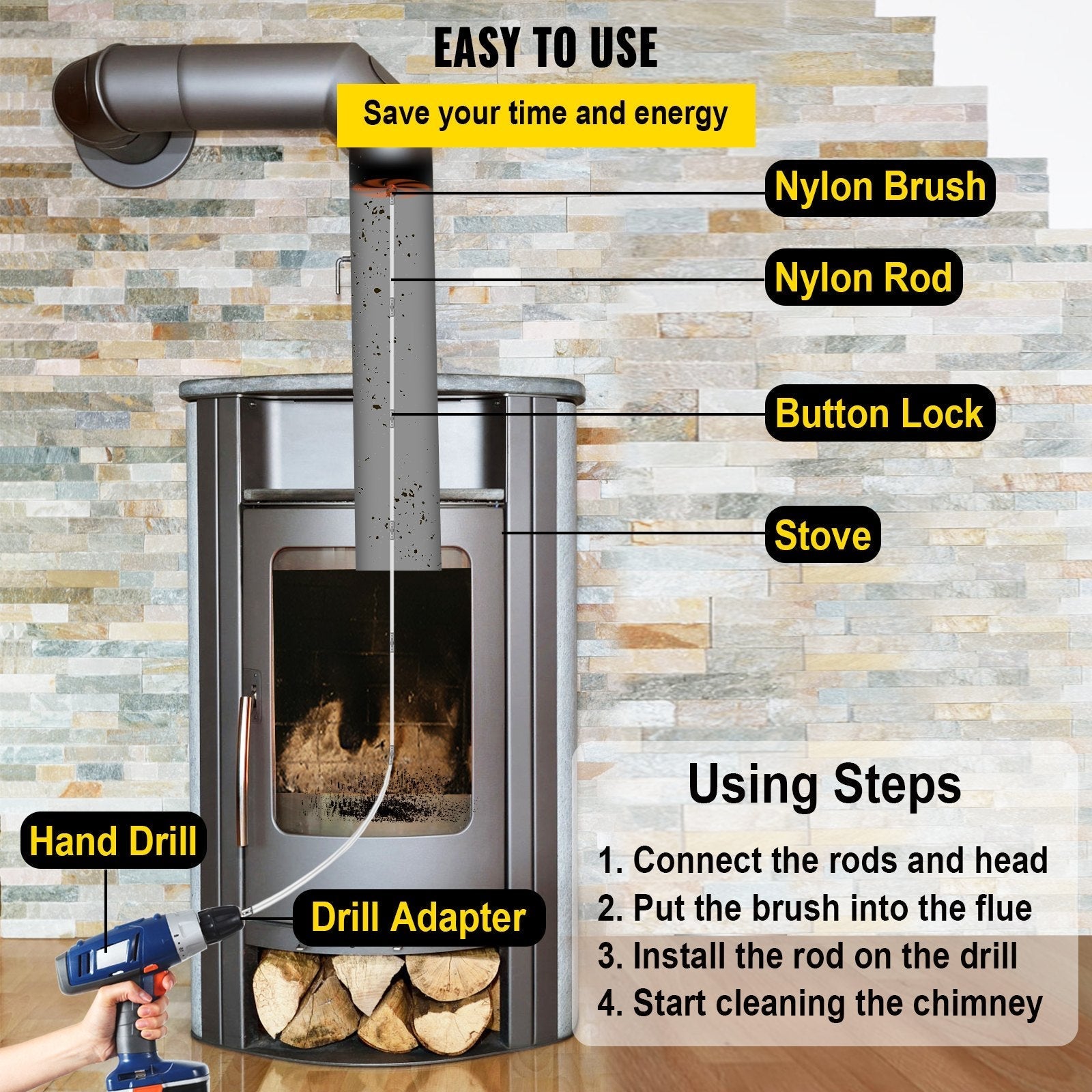VEVOR Chimney Sweep Kit 26FT, Chimney Brush 315 Inch Chimney Brush Rod Kit 8 Rods with Nylon Flexible Rods .