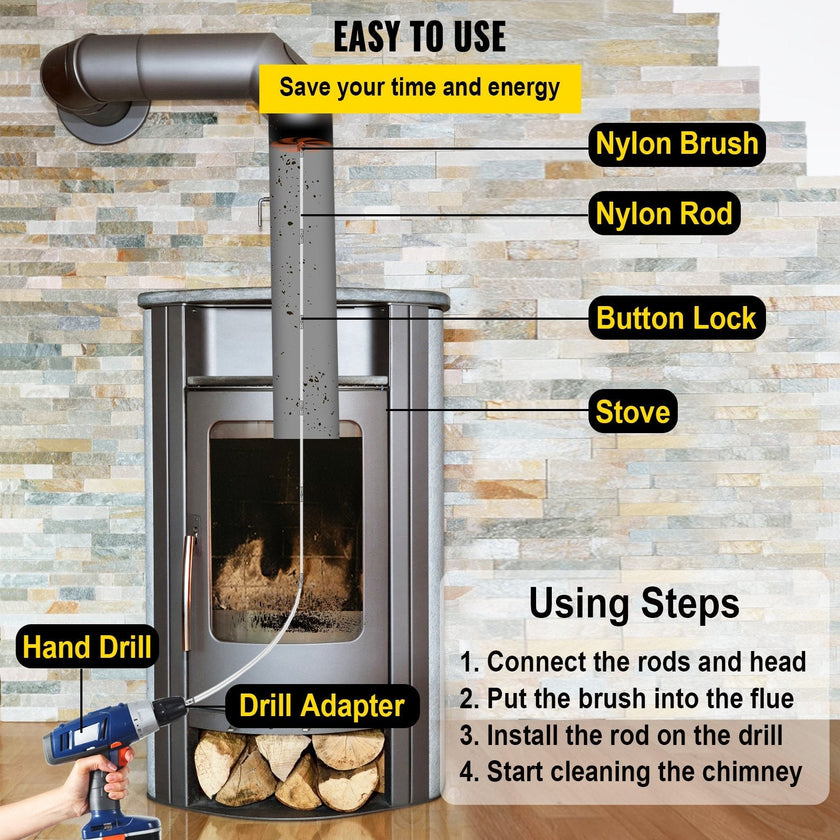 VEVOR Chimney Sweep Kit 26FT, Chimney Brush 315 Inch Chimney Brush Rod Kit 8 Rods with Nylon Flexible Rods .
