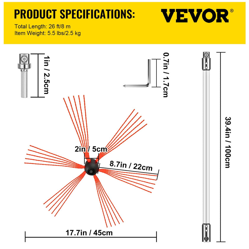 VEVOR Chimney Sweep Kit 26FT, Chimney Brush 315 Inch Chimney Brush Rod Kit 8 Rods with Nylon Flexible Rods .