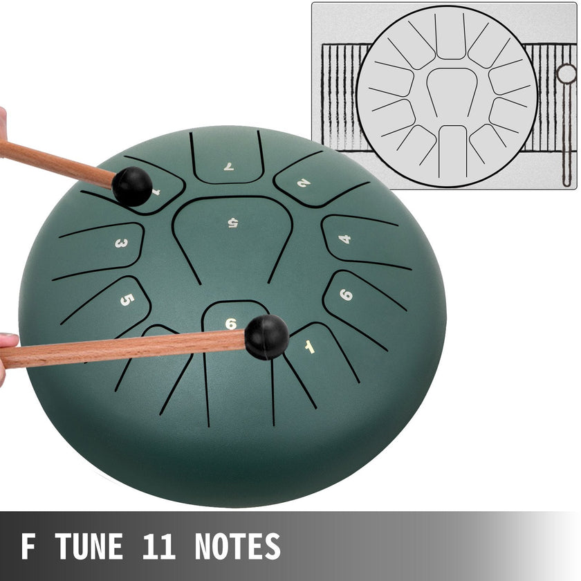 VEVOR Steel Tongue Drum 11 Notes 8 Inches Dia Tongue Drum Mineral Green Handpan Drum Notes Percussion Instrument Steel Drums Instruments with Bag, Music Book, Mallets, Mallet Bracket