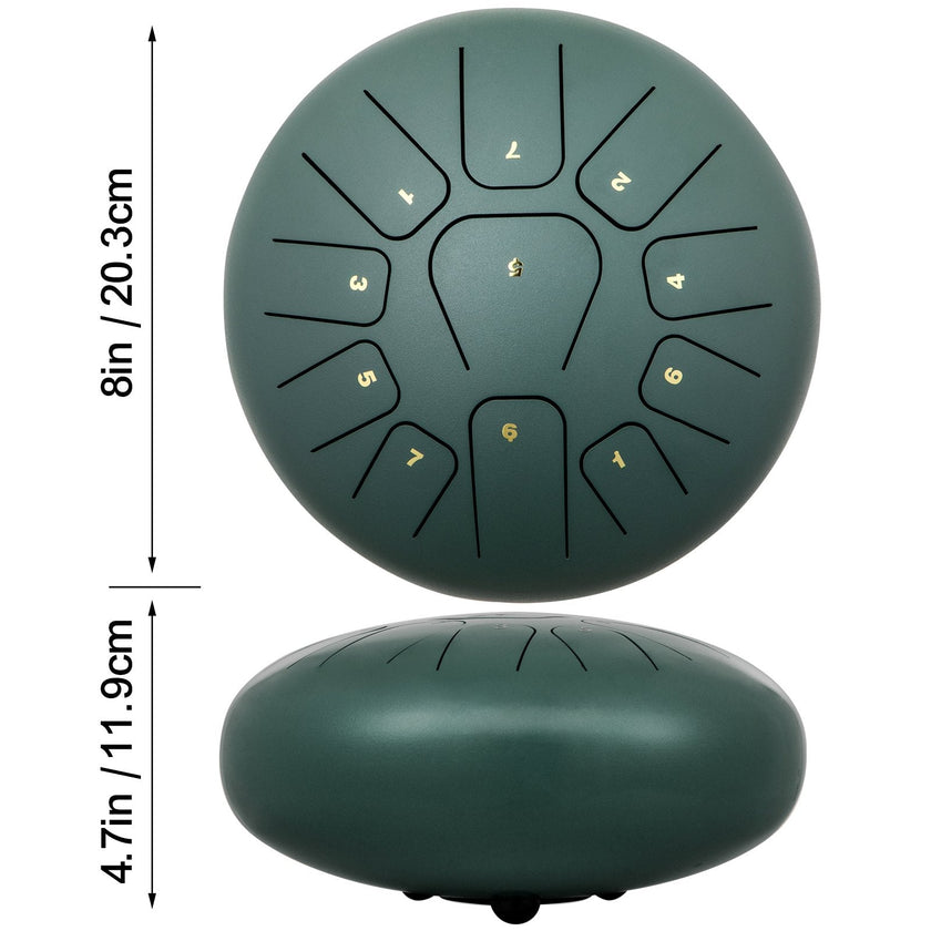 VEVOR Steel Tongue Drum 11 Notes 8 Inches Dia Tongue Drum Mineral Green Handpan Drum Notes Percussion Instrument Steel Drums Instruments with Bag, Music Book, Mallets, Mallet Bracket