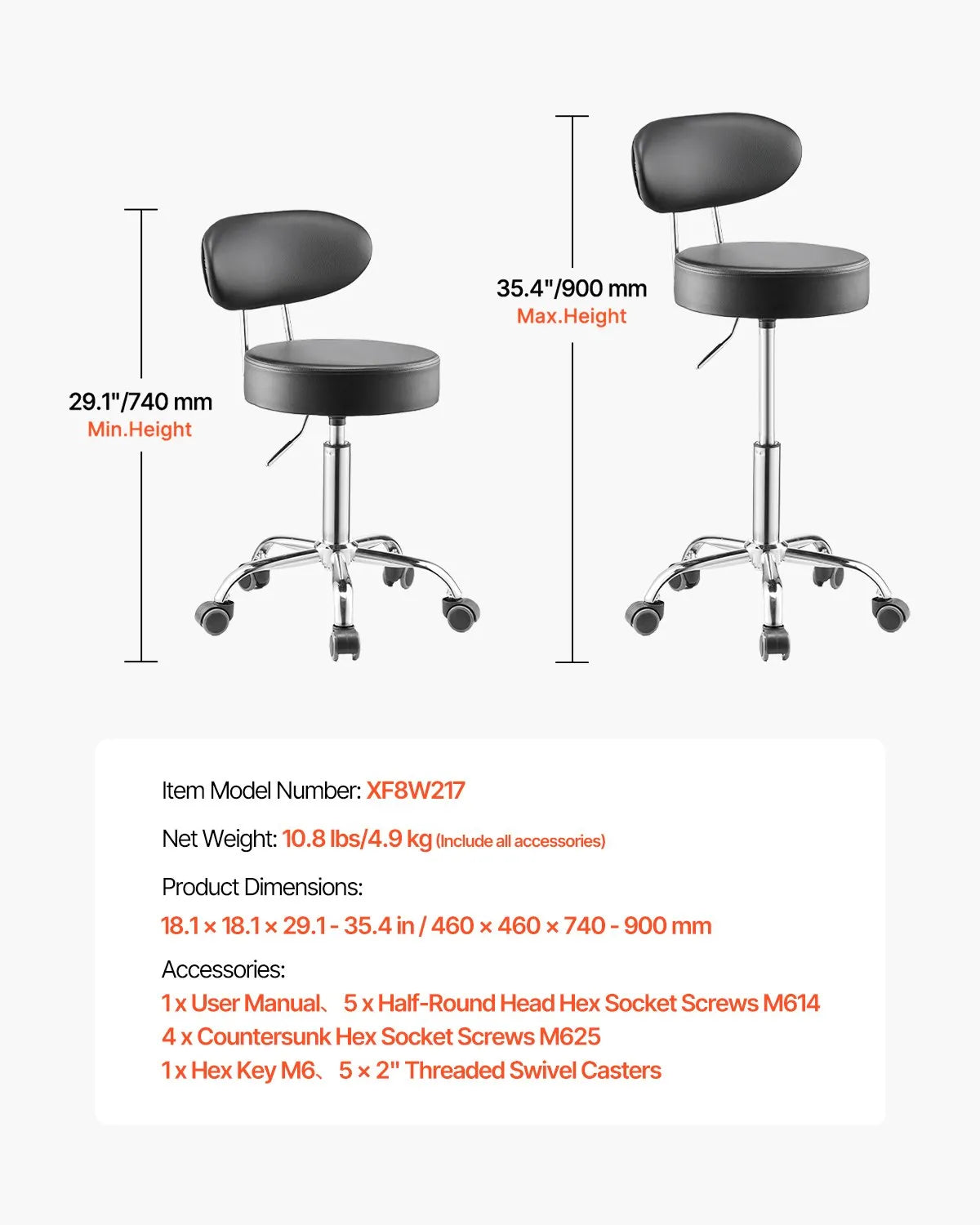 VEVOR Shop Stool Adjustable Garage Seat 300 lbs Load with Backrest & Wheels