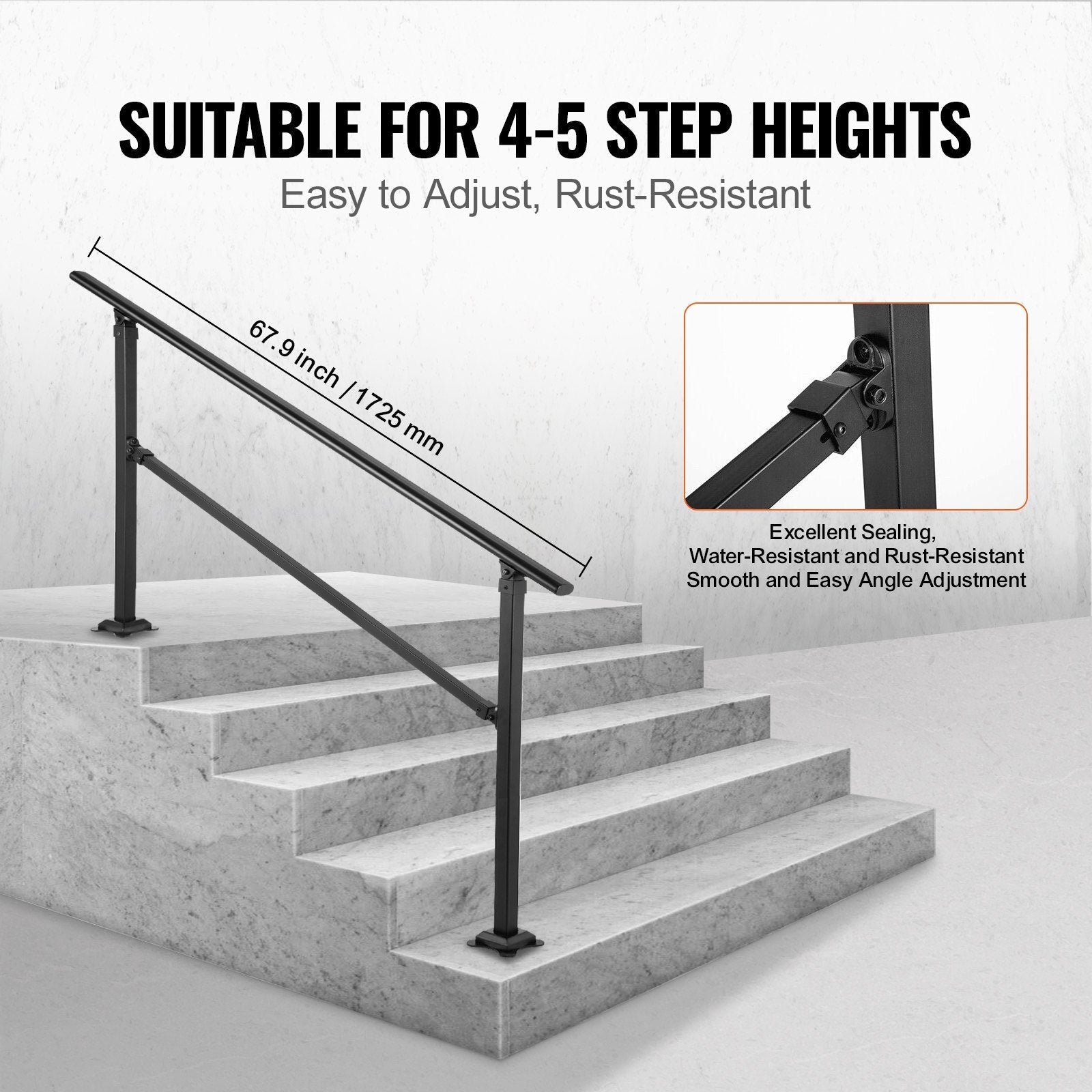 VEVOR Outdoor Stair Railing, Fits for 0-5 Steps Transitional Wrought Iron Handrail, Adjustable Exterior Stair Railing, Handrails for Concrete Steps with Installation Kit, Matte Black Outdoor Handrail