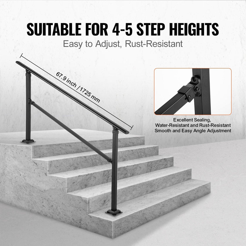 VEVOR Outdoor Stair Railing, Fits for 0-5 Steps Transitional Wrought Iron Handrail, Adjustable Exterior Stair Railing, Handrails for Concrete Steps with Installation Kit, Matte Black Outdoor Handrail