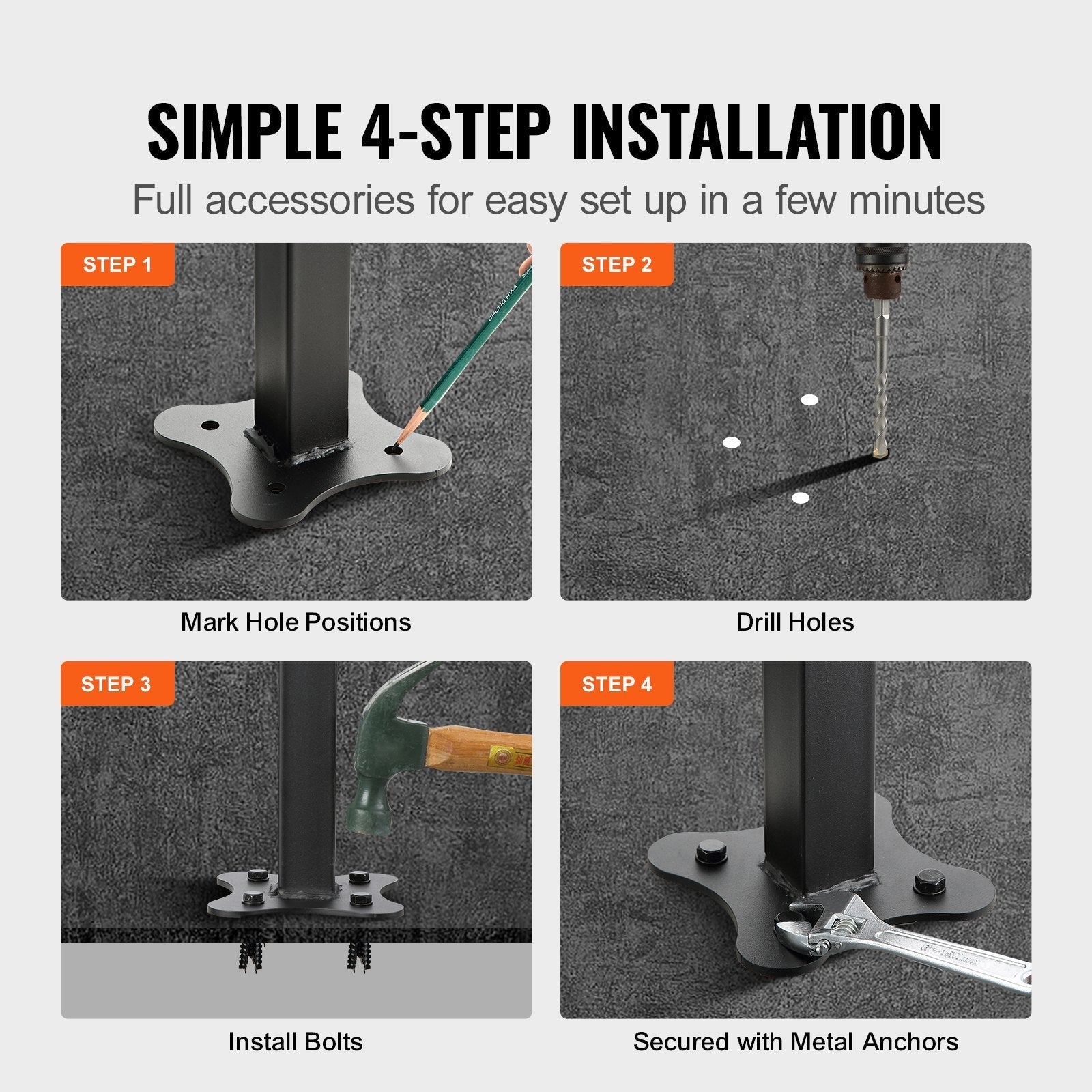 VEVOR Outdoor Stair Railing, Fits for 0-5 Steps Transitional Wrought Iron Handrail, Adjustable Exterior Stair Railing, Handrails for Concrete Steps with Installation Kit, Matte Black Outdoor Handrail