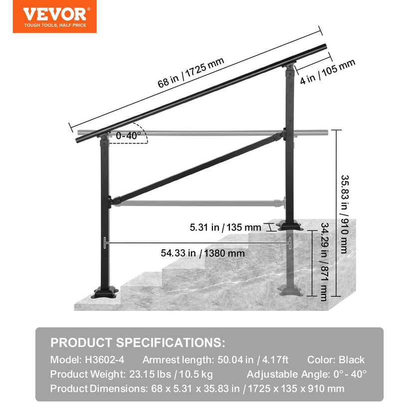 VEVOR Outdoor Stair Railing, Fits for 0-5 Steps Transitional Wrought Iron Handrail, Adjustable Exterior Stair Railing, Handrails for Concrete Steps with Installation Kit, Matte Black Outdoor Handrail