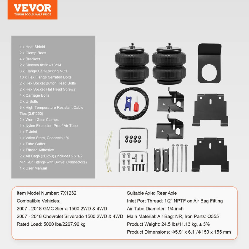 VEVOR Air Bag Suspension Kit, Air Springs Suspension Bag Kit Compatible with 2007-2018 Chevrolet Silverado 1500 and GMC Sierra 1500 2WD 4WD, 5000 lbs Loading, 5 to 100 PSI