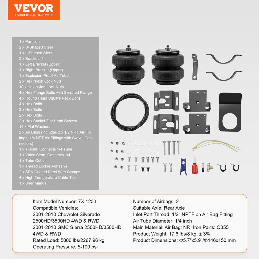 VEVOR Air Bag Suspension Kit, Air Springs Suspension Bag Kit Compatible with 2001-2010 Chevrolet Silverado 2500/3500HD and GMC Sierra 2500/3500HD 4WD RWD, 5000 lbs Loading, 5 to 100 PSI