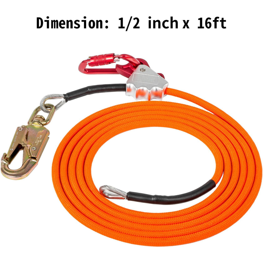 VEVOR Flip Line 1/2 Inch, Wire Core Flipline 16 ft, Wire Core Flip Line Kit with Triple Lock Carabiner Adjuster, Steel Swivel Snap, Climbing Flipline for Fall Protection, Arborist, Tree Climbers