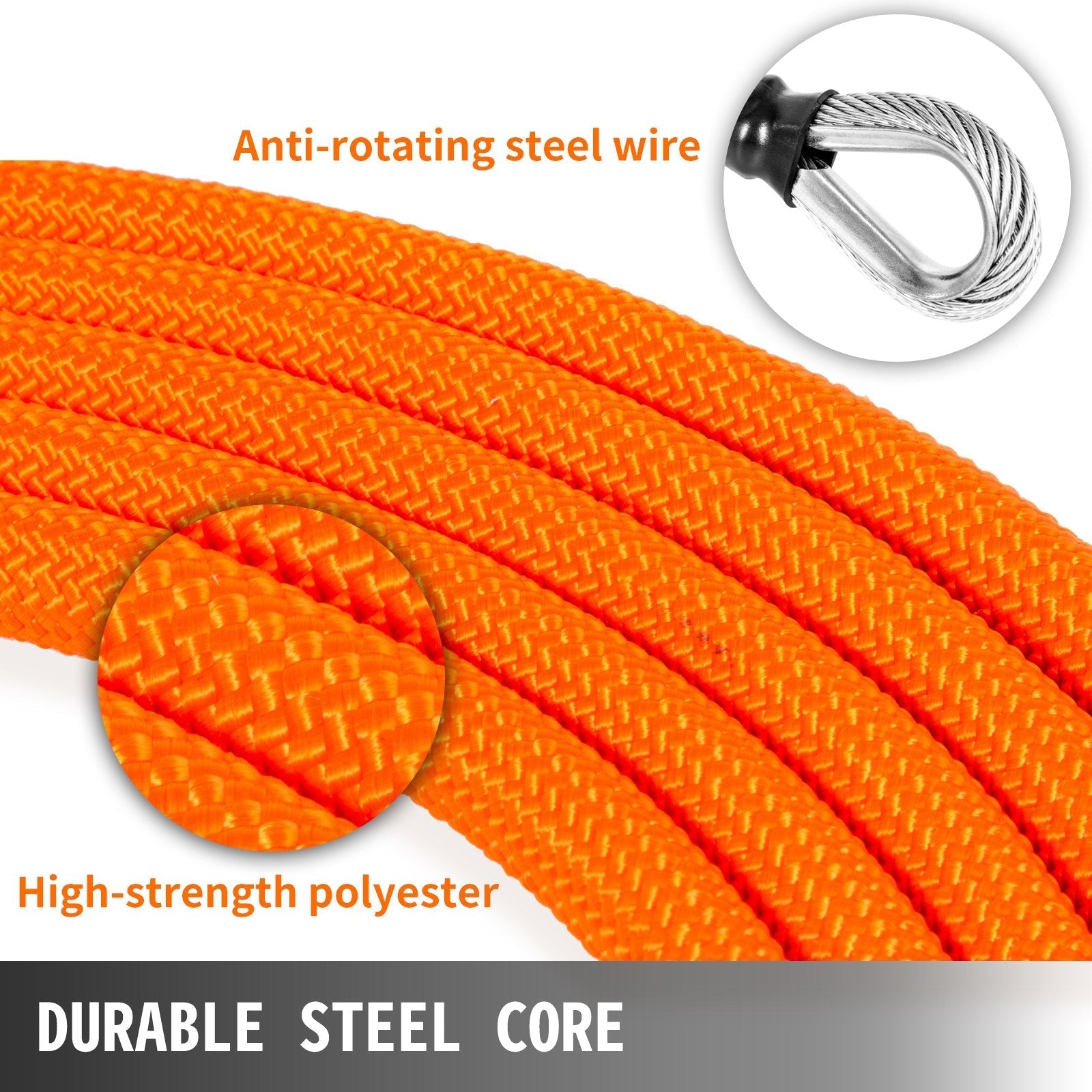 VEVOR Flip Line 5/8 Inch, Wire Core Flipline 8 ft, Wire Core Flip Line Kit with Triple Lock Carabiner Adjuster, Steel Swivel Snap, Climbing Flipline for Fall Protection, Arborist, Tree Climbers