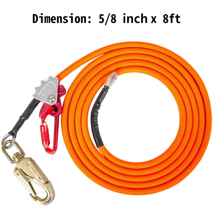 VEVOR Flip Line 5/8 Inch, Wire Core Flipline 8 ft, Wire Core Flip Line Kit with Triple Lock Carabiner Adjuster, Steel Swivel Snap, Climbing Flipline for Fall Protection, Arborist, Tree Climbers
