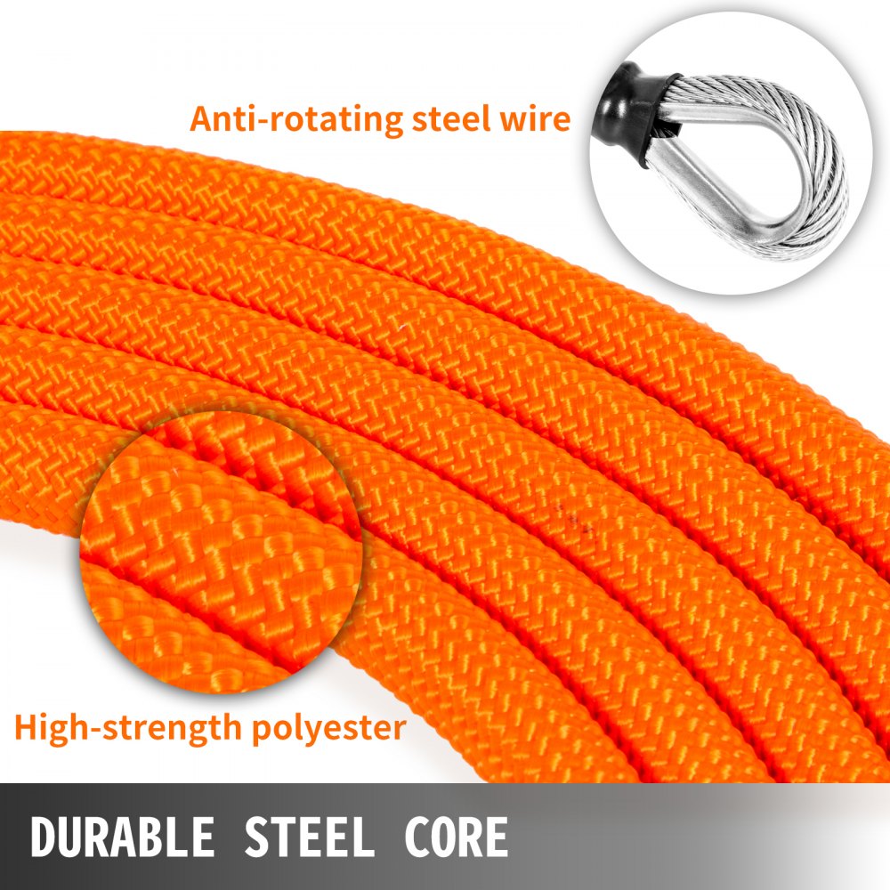 VEVOR Flip Line 5/8 Inch, Wire Core Flipline 10 ft, Wire Core Flip Line Kit with Triple Lock Carabiner Adjuster, Steel Swivel Snap, Climbing Flipline for Fall Protection, Arborist, Tree Climbers