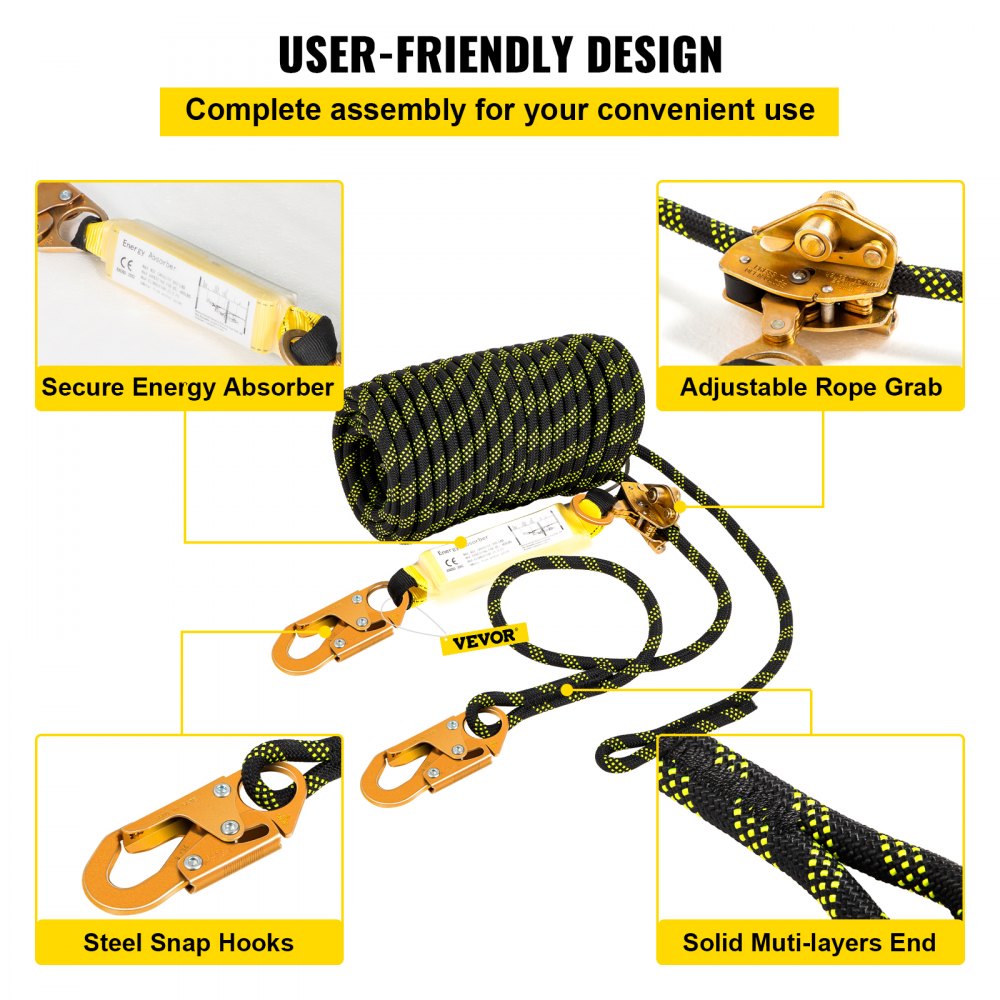 VEVOR Vertical Lifeline Assembly, 150 ft Fall Protection Rope, Polyester Roofing Rope, CE Compliant Fall Arrest Protection Equipment with Alloy Steel Rope Grab, Two Snap Hooks, Shock Absorber