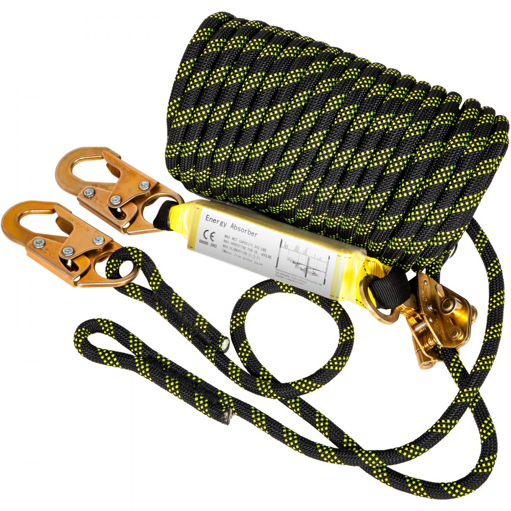 VEVOR Vertical Lifeline Assembly, 150 ft Fall Protection Rope, Polyester Roofing Rope, CE Compliant Fall Arrest Protection Equipment with Alloy Steel Rope Grab, Two Snap Hooks, Shock Absorber
