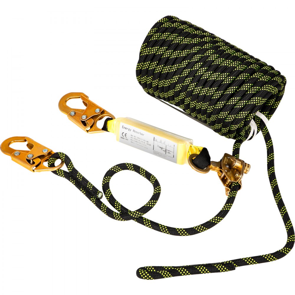 VEVOR Vertical Lifeline Assembly, 150 ft Fall Protection Rope, Polyester Roofing Rope, CE Compliant Fall Arrest Protection Equipment with Alloy Steel Rope Grab, Two Snap Hooks, Shock Absorber