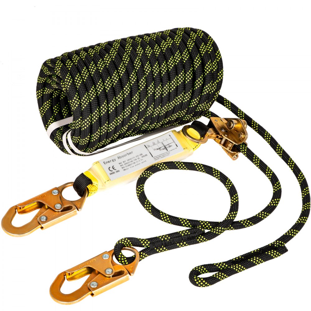 VEVOR Vertical Lifeline Assembly, 150 ft Fall Protection Rope, Polyester Roofing Rope, CE Compliant Fall Arrest Protection Equipment with Alloy Steel Rope Grab, Two Snap Hooks, Shock Absorber