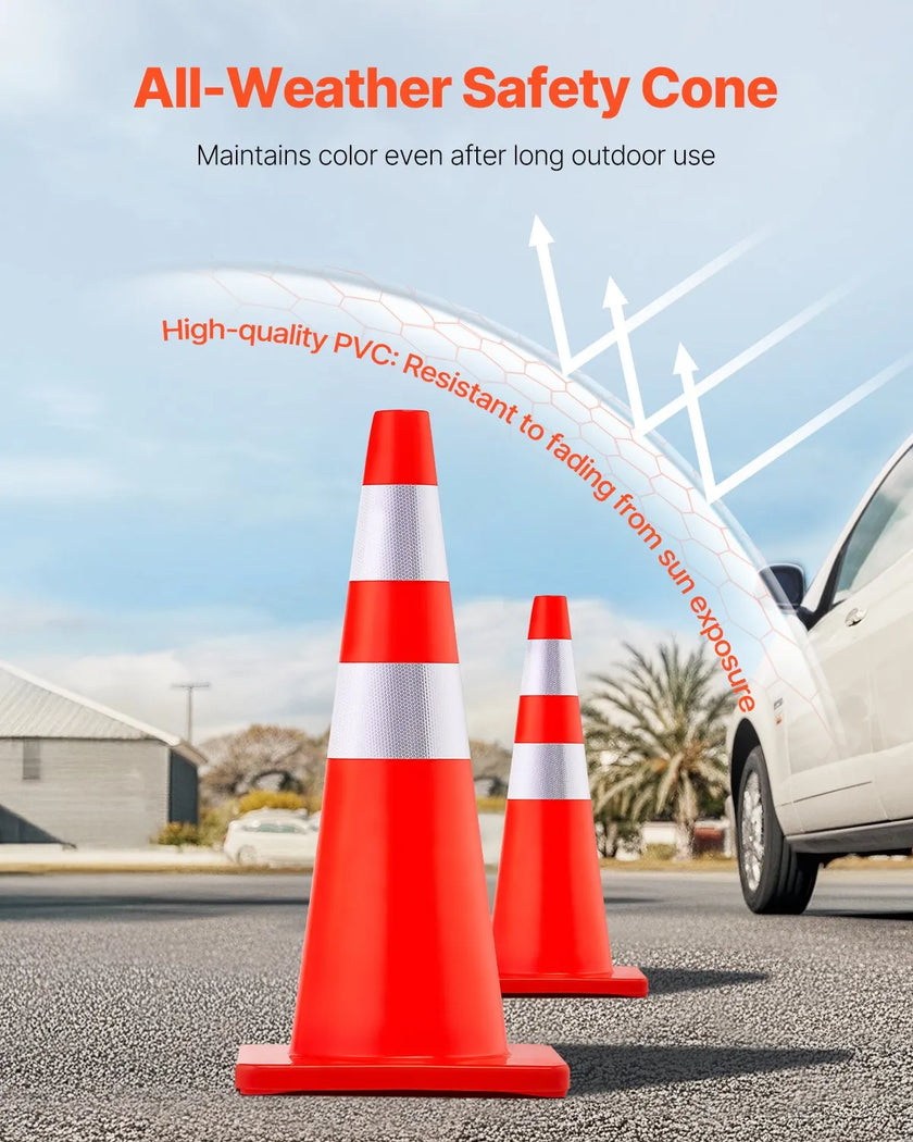 VEVOR Safety Cones, 28 in/73 cm Height, 12 PCS PVC Orange Traffic Cone with 2 Reflective Collars and Weighted Base, Used for Traffic Control, Driveway Road Parking and School Improvement