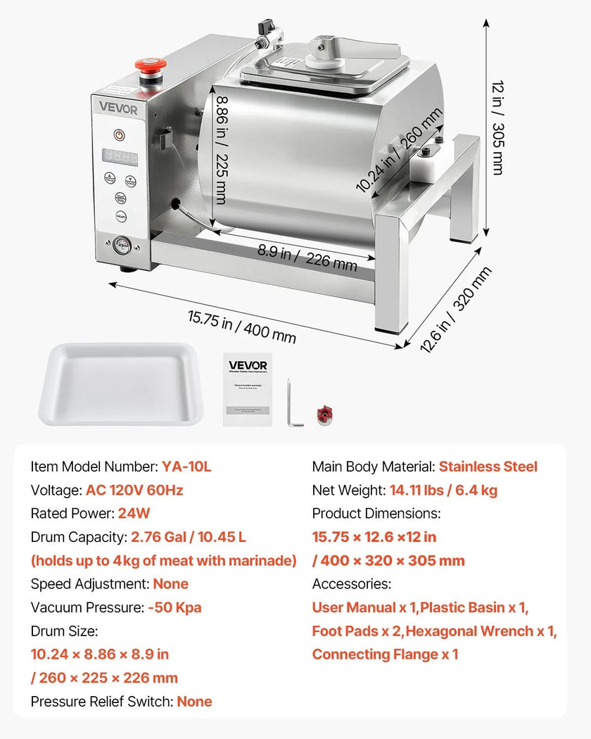 VEVOR Vacuum Meat Tumbler Marinator Machine 10L for Chicken Fish Stainless Steel