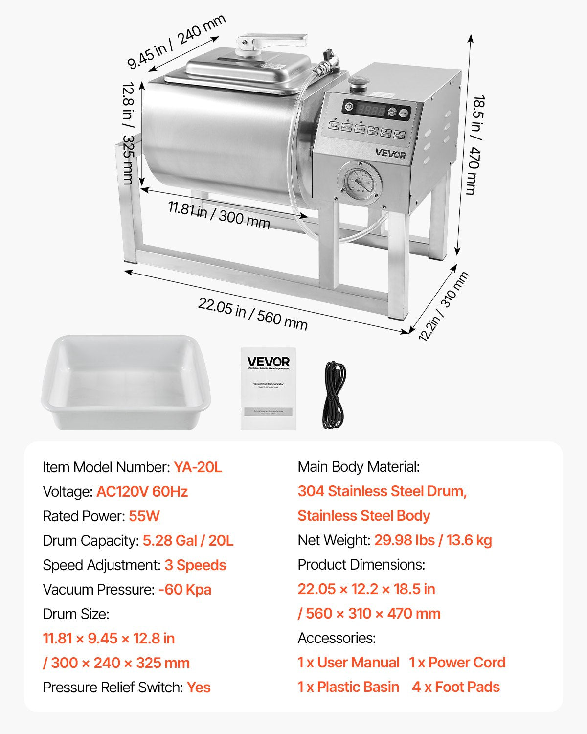 VEVOR Vacuum Meat Tumbler Marinator Machine 20L for Chicken Steak Commercial
