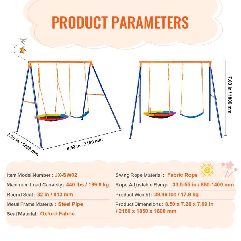 VEVOR Swing Sets for Backyard 1 Saucer 1 Belt Swing Seat A-Frame Metal Stand