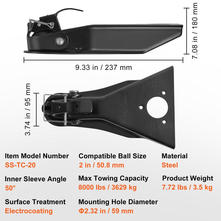 VEVOR A-Frame Trailer Coupler, Fits 2-Inch Hitch Ball Size, 8000 lbs Towing Capacity, Heavy Duty Steel Coupler, Ideal for Towing Station Wagons, Pickup Trucks, SUVs, Campers, Black Coating Surface