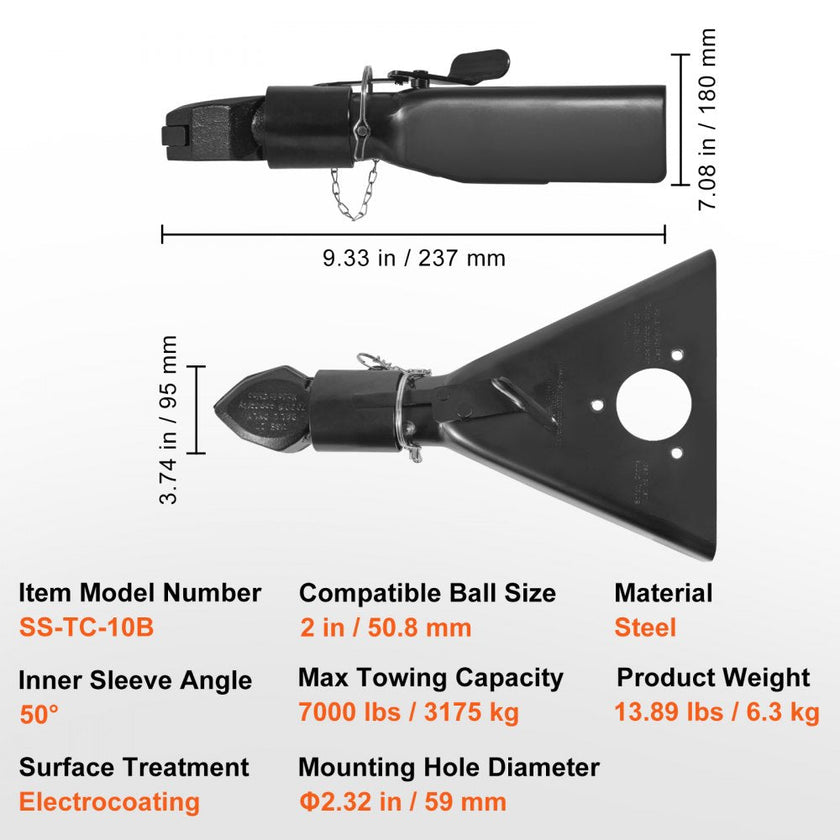 VEVOR A-Frame Trailer Coupler, Fits 2-Inch Hitch Ball Size, 7000 lbs Towing Capacity, Heavy Duty Steel Coupler, Ideal for Towing Station Wagons, Pickup Trucks, SUVs, Campers, Black Coating Surface